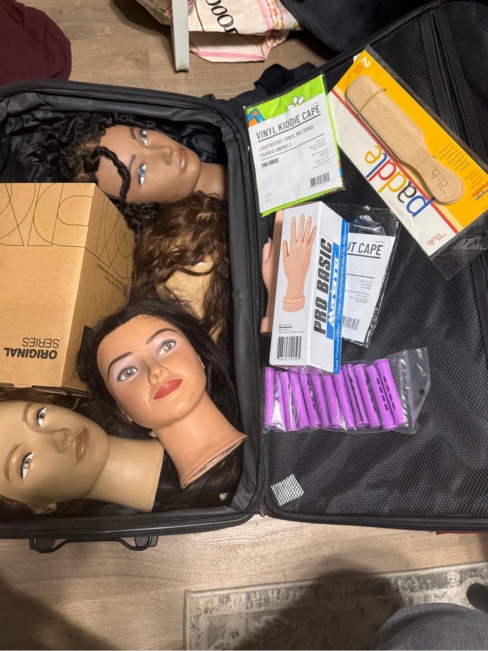 Training Mannequin Head Case with Black Interior and Purple Accessories